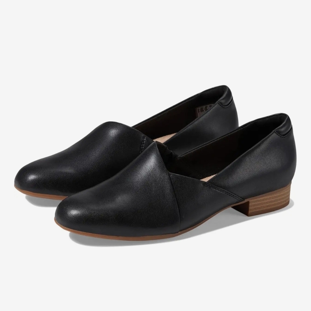 Clarks Juliet Palm Black Leather Slip‑On Loafers Low Heel W 9